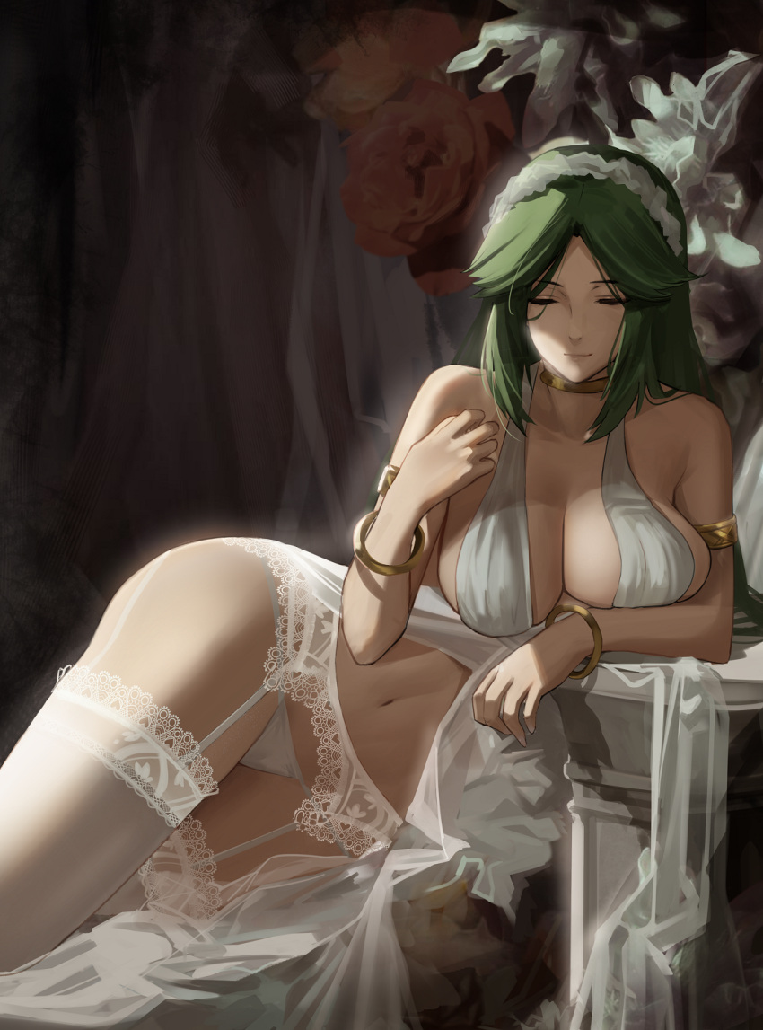 1girl armlet bangs bare_shoulders bracelet breasts cleavage closed_eyes closed_mouth collarbone dress forehead frilled_hairband frills garter_belt green_hair hairband halter_top halterneck highres j@ck jewelry kid_icarus kid_icarus_uprising lace_trim large_breasts long_hair navel palutena parted_bangs sidelocks solo thighhighs thighs white_dress white_legwear