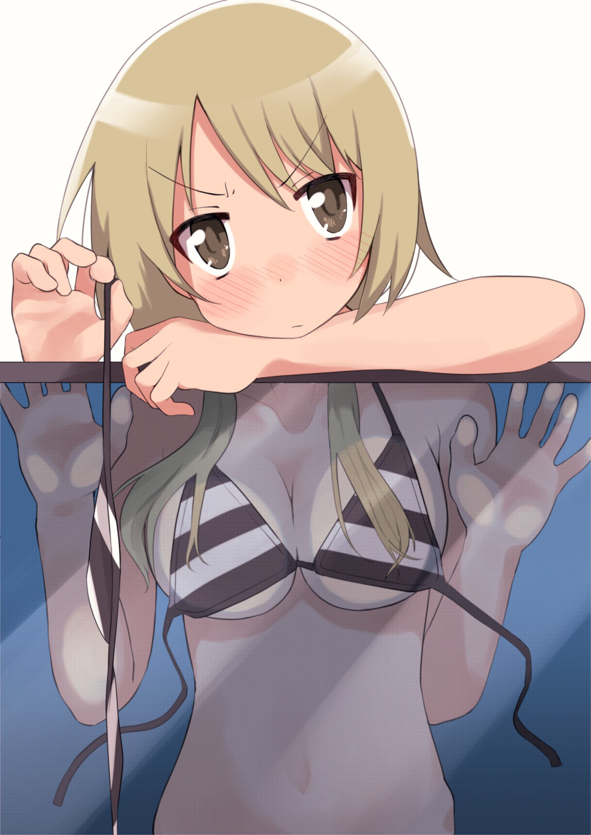 1girl against_glass bikini bikini_top_removed blonde_hair blue_background blush breasts brown_eyes cleavage closed_mouth collarbone eyebrows_visible_through_hair highres ichii_yui large_breasts looking_at_viewer navel photo_(object) shiny shiny_hair short_hair simple_background solo swimsuit tennosuke_(tejons) upper_body white_background yuyushiki
