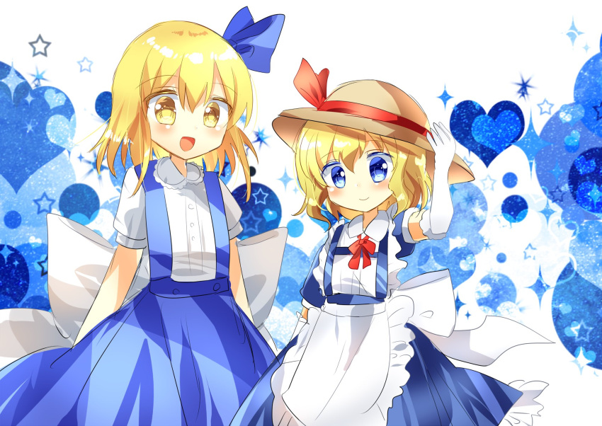 2girls alice_margatroid alice_margatroid_(pc-98) apron blonde_hair blue_bow blue_dress blue_eyes blue_hairband blue_skirt blush bow closed_mouth dress elbow_gloves eyebrows_visible_through_hair flat_chest frilled_apron frills gloves hair_bow hairband hand_on_headwear hat hat_bow highres kana_anaberal looking_at_viewer multiple_girls open_mouth ougi_maimai puffy_short_sleeves puffy_sleeves red_neckwear shirt short_hair short_sleeves skirt smile suspenders touhou touhou_(pc-98) waist_apron white_apron white_bow white_shirt yellow_eyes younger