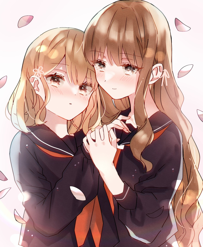 2girls black_serafuku blonde_hair blush brown_hair flower hair_flower hair_ornament highres holding_hands long_hair medium_hair multiple_girls original petals school_uniform serafuku side-by-side ueruko upper_body wavy_hair yuri