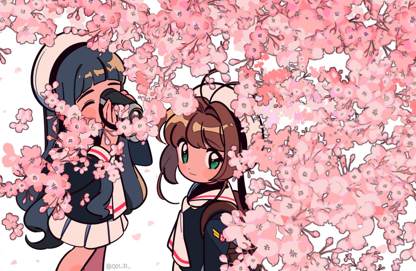 2girls ahoge backpack bag bangs black_hair black_shirt blunt_bangs blush_stickers brown_hair camera cardcaptor_sakura cherry_blossoms chueog closed_mouth collar commentary daidouji_tomoyo eyebrows_visible_through_hair filming flower green_eyes hat highres holding holding_camera kinomoto_sakura long_hair medium_hair multiple_girls one_eye_closed pink_flower pleated_skirt sailor_collar sailor_hat sailor_shirt school_uniform shirt sidelocks skirt symbol-only_commentary tomoeda_elementary_school_uniform twitter_username very_long_hair video_camera white_collar white_headwear