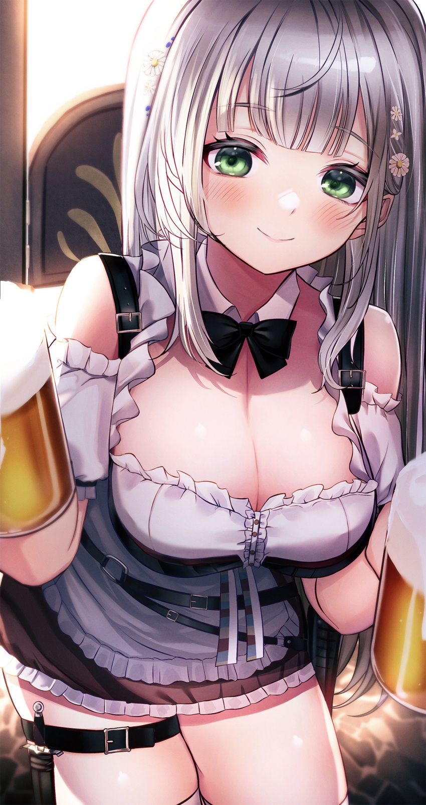 1girl alcohol apron bangs bare_shoulders beer beer_mug belt belt_collar belt_pouch black_bow black_bowtie blunt_bangs blush bow bowtie breasts cleavage closed_mouth collar commentary cowboy_shot cup detached_collar detached_sleeves flower frilled_apron frilled_skirt frills green_eyes hair_flower hair_ornament highres hiroikara_(smhong04) holding holding_cup hololive knife large_breasts leaning_forward long_hair miniskirt mug pouch puffy_short_sleeves puffy_sleeves shirogane_noel shirt short_sleeves silver_hair skirt smile solo thigh_strap thighs virtual_youtuber waist_apron white_apron white_flower white_shirt