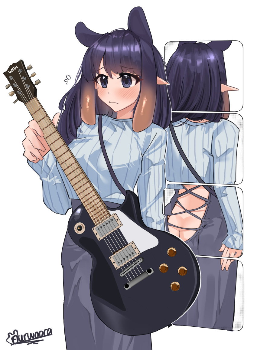 1girl absurdres alternate_breast_size alternate_costume auraaa blush breasts butt_crack closed_mouth cosplay electric_guitar eyebrows_visible_through_hair flying_sweatdrops guitar guitar_little_sister_(hitomi_o) guitar_little_sister_(hitomi_o)_(cosplay) highres holding holding_instrument hololive hololive_english instrument medium_breasts mole mole_under_eye ninomae_ina'nis no_panties pointy_ears purple_eyes purple_hair standing tentacle_hair virtual_youtuber