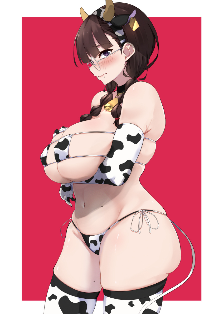 1girl 96nokimihito absurdres animal_ears animal_print arm_under_breasts ass bell bikini blush braid closed_mouth commentary_request covered_nipples cow_ears cow_horns cow_print cow_tail cowbell curvy elbow_gloves eyepatch_bikini fake_animal_ears fake_horns freckles from_side gloves hair_over_shoulder hair_tie hand_on_own_chest highres horns long_hair looking_at_viewer mole mole_under_mouth navel neck_bell original print_bikini print_gloves print_hairband purple_eyes red_background side-tie_bikini side-tie_bottom simple_background skindentation solo standing swimsuit tail thighhighs twin_braids two-tone_background white-framed_eyewear white_background