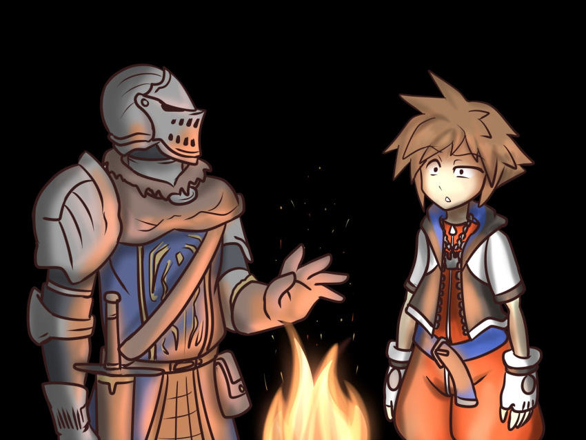 1boy 1other ambiguous_gender armor blue_eyes bonfire brown_hair chosen_undead crossover dark_souls_(series) dark_souls_i fingerless_gloves fire full_armor gauntlets gloves hayato_stuff helmet jewelry kingdom_hearts male_focus necklace pauldrons short_hair shoulder_armor sora_(kingdom_hearts) spiked_hair super_smash_bros. weapon