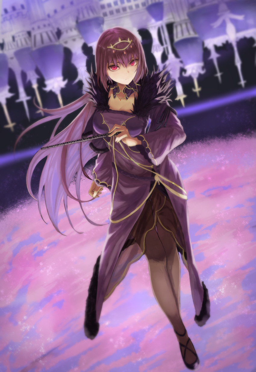 1girl absurdres breasts dutch_angle fate/grand_order fate_(series) highres long_hair medium_breasts pantyhose purple_hair red_eyes scathach_(fate) scathach_skadi_(fate) short_hair sleeves_past_wrists solo tesin_(7aehyun) very_long_hair walking wand