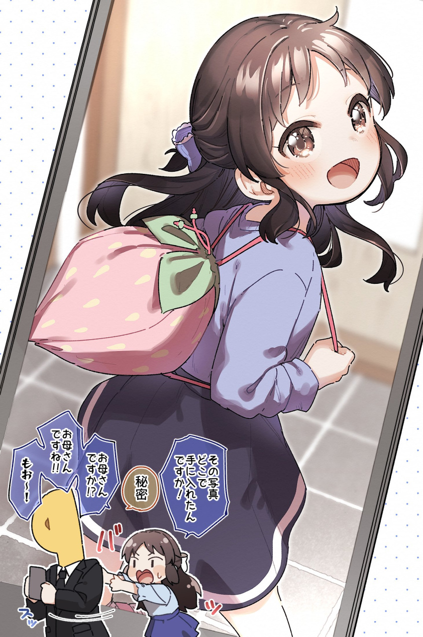 1boy 1girl :d backpack bag bangs black_jacket black_necktie black_skirt blue_bow blue_shirt blue_skirt blush bow brown_eyes brown_hair cellphone chibi collared_shirt commentary eyebrows_visible_through_hair formal hair_bow highres holding holding_phone idolmaster idolmaster_cinderella_girls jacket long_hair long_sleeves necktie open_mouth outstretched_arms p-head_producer phone producer_(idolmaster) shirt skirt smile suit tachibana_arisu translated wavy_mouth white_shirt yukie_(kusaka_shi)