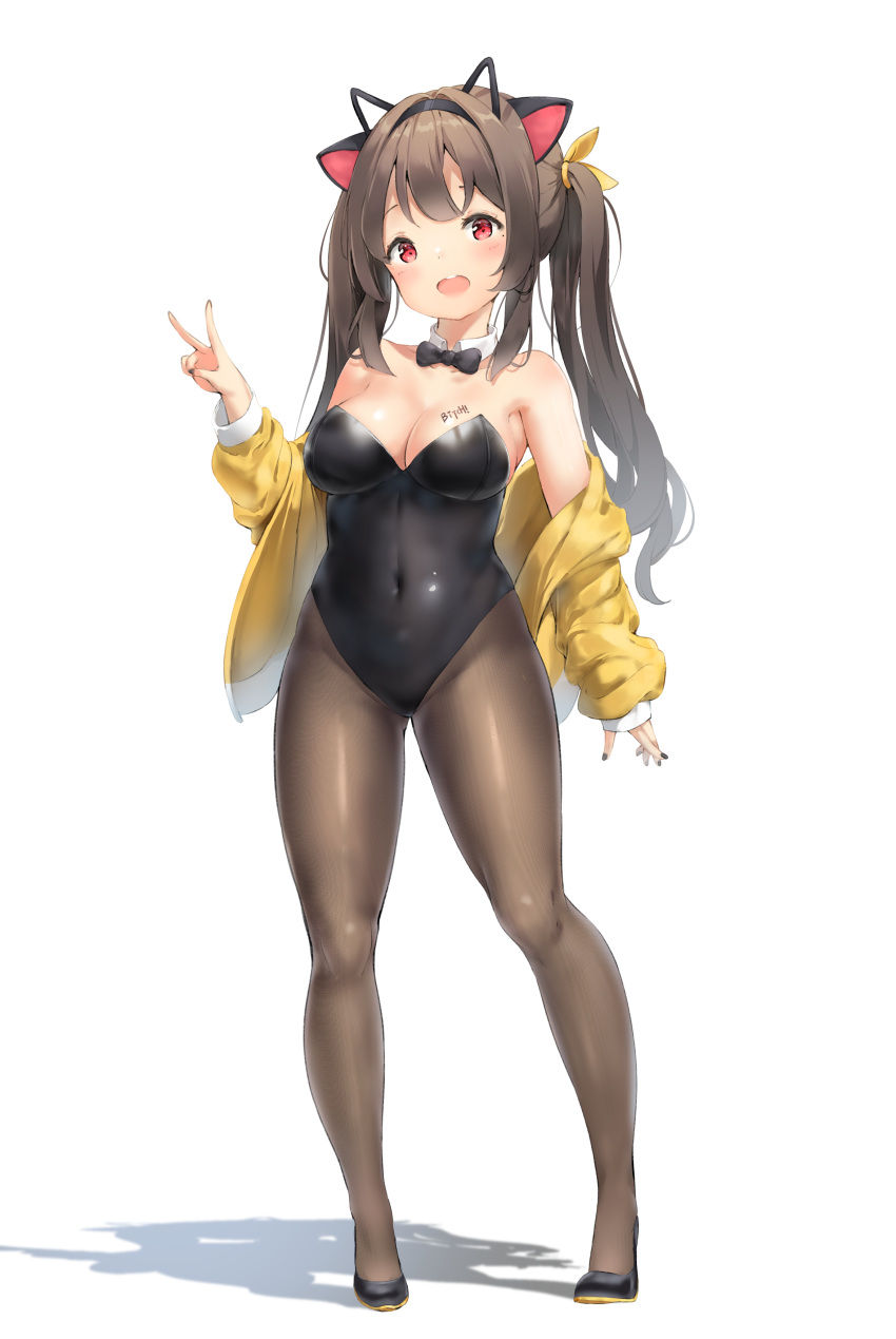 1girl absurdres animal_ears arm_up bare_shoulders black_footwear black_legwear black_leotard bow bowtie breasts brown_eyes brown_hair cat_ears cleavage covered_navel detached_collar groin hairband highres jacket keibeam kittysuit legs leotard long_hair off_shoulder open_mouth original pantyhose shoes smile solo strapless strapless_leotard thighs twintails v yellow_jacket