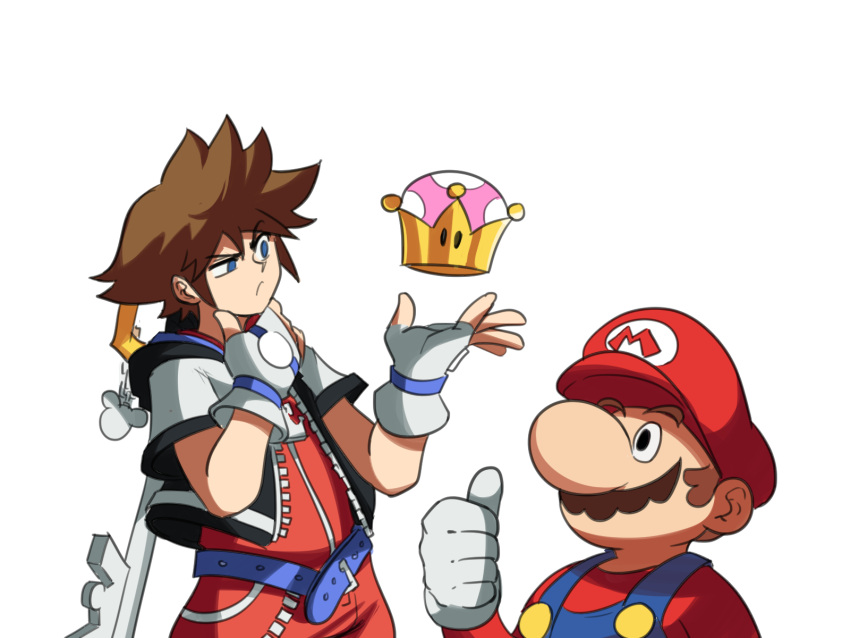 2boys armlet brown_hair facial_hair fingerless_gloves gloves hat highres jewelry keyblade kingdom_hearts kingdom_hearts_i kingdom_key male_focus mario mario_(series) multiple_boys mustache necklace new_super_mario_bros._u_deluxe sora_(kingdom_hearts) spiked_armlet spiked_hair super_crown super_smash_bros. tina_fate