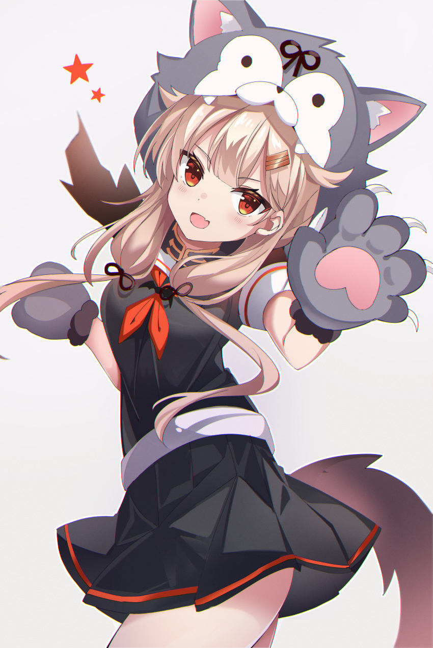 1girl :d absurdres animal_hood black_serafuku black_shirt black_skirt blonde_hair commentary fangs fathom hair_flaps halloween halloween_costume hands_up highres hood kantai_collection long_hair looking_at_viewer low_twintails neckerchief open_mouth orange_neckerchief pleated_skirt red_eyes school_uniform serafuku shirt short_sleeves skin_fangs skirt smile solo tail thighs twintails wolf_hood wolf_paws wolf_tail yuudachi_(kancolle)
