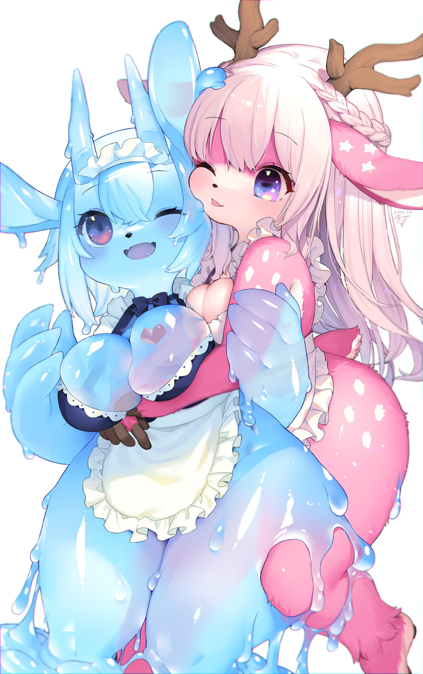 2girls :p animal_ears antlers apron arms_around_waist black_bra blue_slime bra braid breast_press breasts character_request cheek-to-cheek cleavage deer_ears deer_tail furry furry_female heads_together highres horns hug kishibe large_breasts long_hair maid_headdress monster_girl multiple_girls one_eye_closed original pink_eyes pink_hair purple_eyes reindeer_girl short_hair slime_(substance) slime_girl slit_pupils smile tail thighs tona_(kishibe) tongue tongue_out underwear waist_apron white_apron