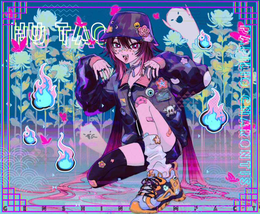 1girl :d :p alternate_costume bangs black_jacket black_legwear black_shorts casual character_name choker commentary_request eyebrows_visible_through_hair genshin_impact ghost ghost_pose hair_between_eyes hat hat_ornament highres hu_tao_(genshin_impact) jacket jewelry kneeling long_hair long_sleeves looking_at_viewer milkuriem open_mouth ring shoes short_shorts shorts sidelocks smile sneakers thighhighs tongue tongue_out tongue_tattoo twintails zettai_ryouiki zipper