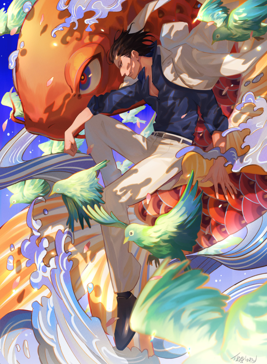 1boy animal belt belt_buckle bird birthday black_belt black_legwear black_shirt blue_sky buckle fish formal highres irei_yukitoshi jacket jacket_on_shoulders koi male_focus medium_hair nishikiyama_akira pants ryuu_ga_gotoku ryuu_ga_gotoku_1 shirt shoes sitting sky socks splashing white_jacket white_pants yakuza