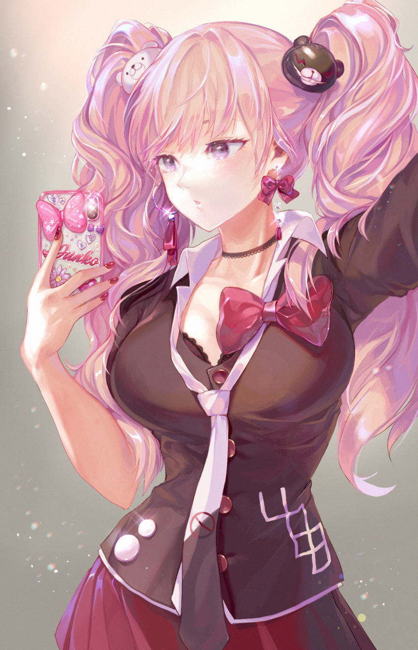 1girl bangs bear_hair_ornament black_necktie blush bow bra breasts choker cleavage danganronpa:_trigger_happy_havoc danganronpa_(series) ear_bow earrings enoshima_junko gradient gradient_background hair_ornament highres holding holding_phone jewelry long_hair medium_breasts nail_polish necktie orchid_(pixiv3730518) parted_lips phone pink_eyes pleated_skirt purple_eyes reaching_out red_bow red_skirt selfie shiny shiny_hair skirt solo twintails underwear white_necktie