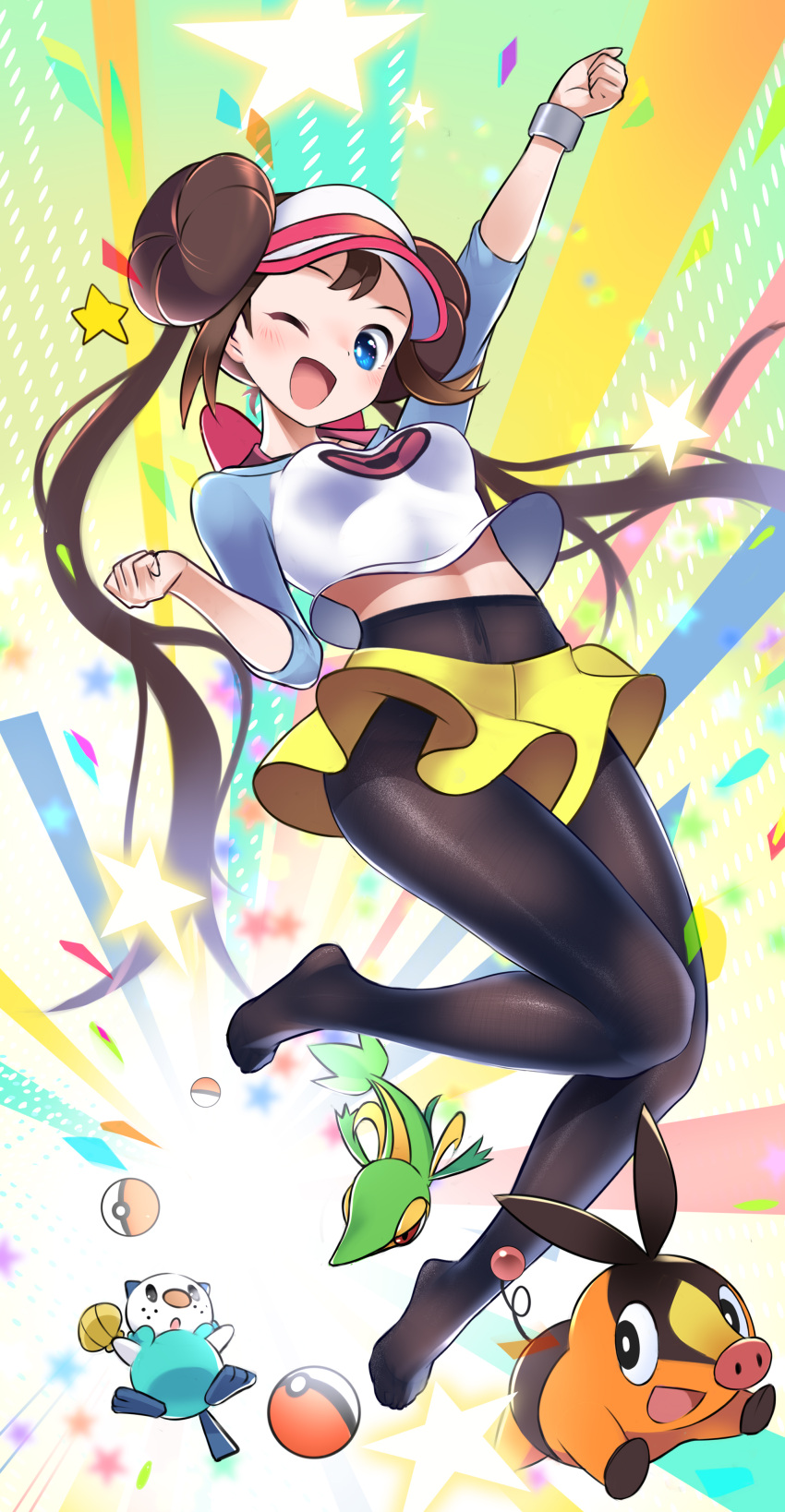 1girl ;d absurdres arm_up bangs black_legwear blue_eyes blush breasts brown_hair clenched_hands double_bun fine_fabric_emphasis floating_hair full_body highres jumping legwear_under_shorts long_hair medium_breasts midriff_peek multicolored_background no_shoes one_eye_closed open_mouth oshawott pantyhose poke_ball poke_ball_(basic) poke_ball_print pokemon pokemon_(creature) pokemon_(game) pokemon_bw2 print_shirt raglan_sleeves rosa_(pokemon) shirt shorts smile snivy star_(symbol) starter_pokemon_trio tepig tm_(hanamakisan) twintails upshirt very_long_hair visor_cap wristband