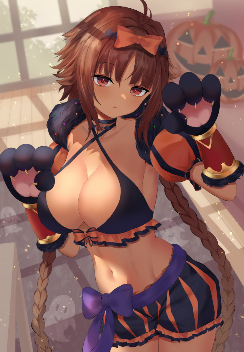 1girl ahoge animal_costume animal_hands baggy_shorts bikini blue_bow bow braid breasts brown_hair cat_costume cleavage eyebrows_visible_through_hair ghost halloween_costume highres jack-o'-lantern jack-o'-lantern_ornament kaori_(princess_connect!) large_breasts mizuha_(pixiv56938668) navel orange_bow parted_lips paw_pose princess_connect! pumpkin red_eyes ribbon shorts swimsuit twin_braids