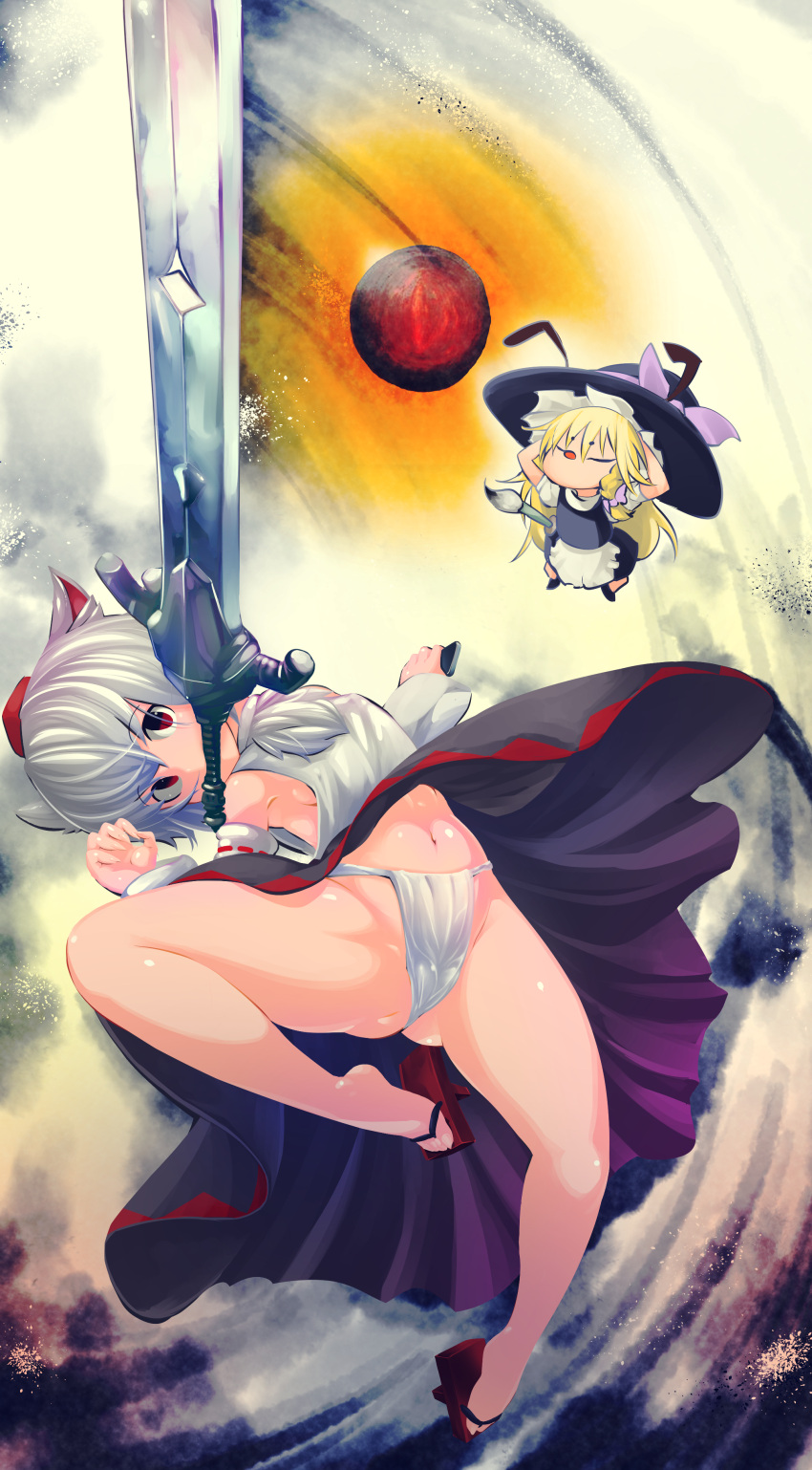 2girls absurdres animal_ears apron arms_up bad_id bad_pixiv_id bangs black_headwear black_skirt blonde_hair bow braid breasts closed_eyes commentary cookie_(touhou) dark_souls_(series) dark_souls_i detached_sleeves fingernails full_body fundoshi geta hair_between_eyes hair_bow hat hat_bow highres holding holding_phone holding_sword holding_weapon inu_(cookie) inubashiri_momiji issun japanese_clothes kirisame_marisa long_hair long_sleeves looking_at_viewer marakasu_(chinkasu) mouth_hold multiple_girls navel ookami_(game) open_mouth paintbrush parody phone purple_bow red_eyes ribbon-trimmed_sleeves ribbon_trim sharp_fingernails short_hair short_sleeves side_braid sideboob silver_hair single_braid skirt small_breasts stomach sword tokin_hat touhou uzuki_(cookie) waist_apron weapon white_apron white_sleeves witch_hat wolf_ears