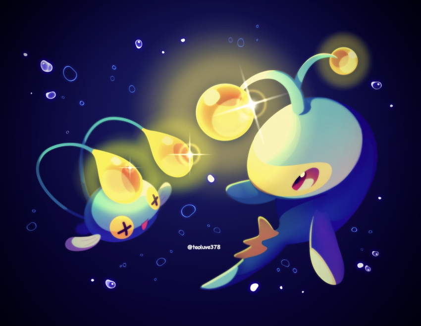 +_+ air_bubble bubble chinchou evolutionary_line eye_contact glowing highres jacknaiff lanturn looking_at_another no_humans pokemon pokemon_(creature) purple_eyes sparkle twitter_username underwater