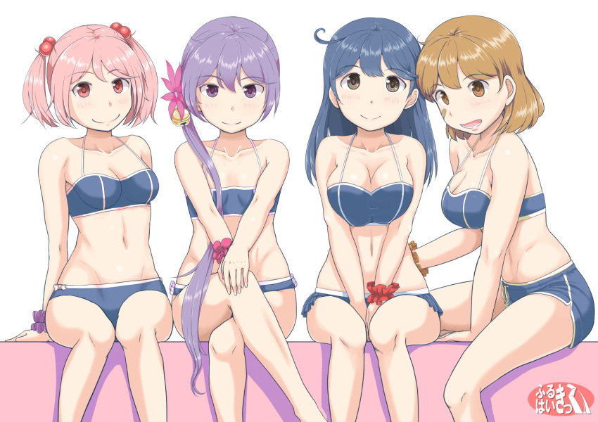 4girls ahoge akebono_(kancolle) bandaid bandaid_on_cheek bell black_hair breast_squeeze breasts brown_eyes brown_hair cleavage collarbone commentary_request crossed_legs dolphin_shorts jingle_bell kantai_collection large_breasts medium_breasts mimofu_(fullhighkick) multiple_girls oboro_(kancolle) open_mouth pink_eyes pink_hair purple_eyes purple_hair sazanami_(kancolle) scrunchie shorts side_ponytail sitting small_breasts smile twintails ushio_(kancolle)