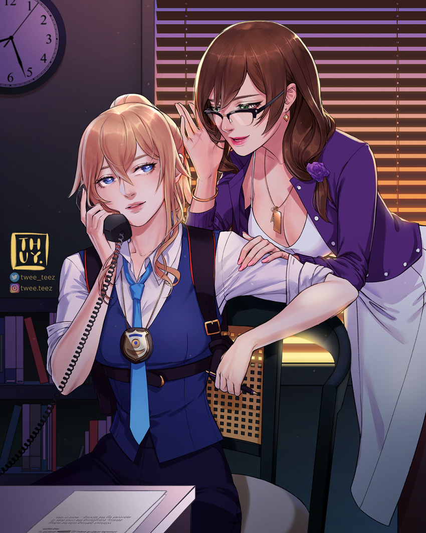 2girls alternate_costume arm_support bangs belt bent_over bespectacled blinds blonde_hair blue_eyes book bookshelf bracelet brown_hair cable calling chair clock collarbone commentary contemporary desk dual_wielding earrings english_commentary eyebrows_visible_through_hair genshin_impact glasses gun gun_case hair_between_eyes hair_ornament handgun highres holding holding_pen holding_phone instagram_logo instagram_username jean_(genshin_impact) jewelry lisa_(genshin_impact) long_hair long_sleeves looking_at_another low-tied_long_hair multiple_girls necklace necktie office_chair parted_lips pen phone police_badge ponytail sidelocks smile thuy_t. twitter_logo twitter_username vest_over_shirt wall_clock weapon whispering window