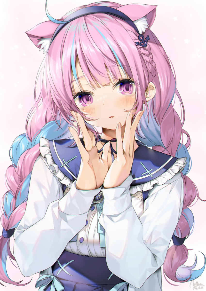 1girl animal_ear_fluff animal_ears bangs blue_hair blush braid cat_ears extra_ears eyebrows_visible_through_hair highres hololive long_hair looking_at_viewer minato_aqua multicolored_hair pink_hair purple_eyes solo twin_braids two-tone_hair upper_body virtual_youtuber white_background yana_mori