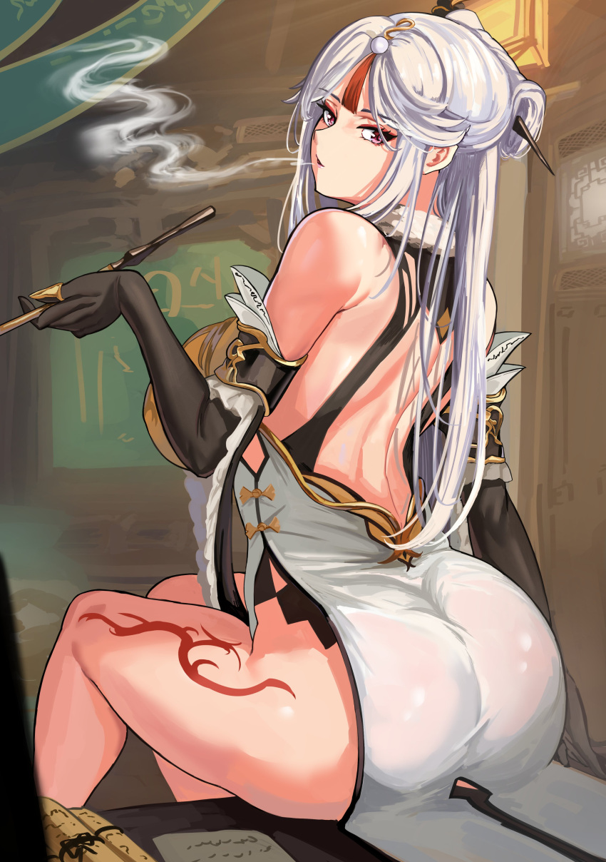 1girl absurdres ass ass_focus back backless_dress backless_outfit bangs bare_shoulders black_gloves breasts china_dress chinese_clothes claw_ring dress elbow_gloves genshin_impact gloves hair_ornament hair_stick hairpin highres holding holding_pipe large_breasts long_hair looking_at_viewer loooyd ningguang_(genshin_impact) parted_bangs pipe red_eyes sidelocks smoke smoking solo tassel very_long_hair white_hair