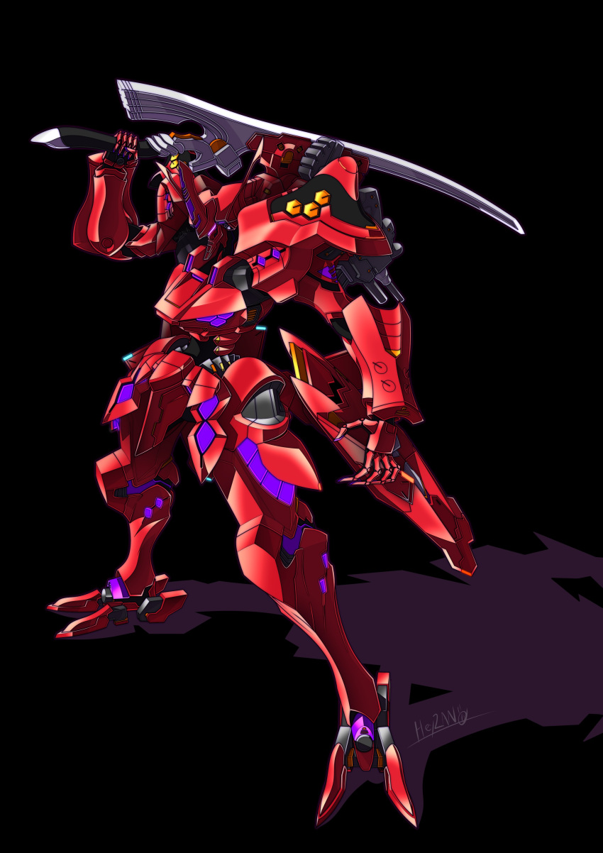 absurdres black_background glowing heyzan highres holding holding_sword holding_weapon mecha muvluv muvluv_alternative muvluv_alternative_(anime) no_humans open_hand science_fiction solo standing sword tactical_surface_fighter takemikazuchi_(muvluv) visor weapon