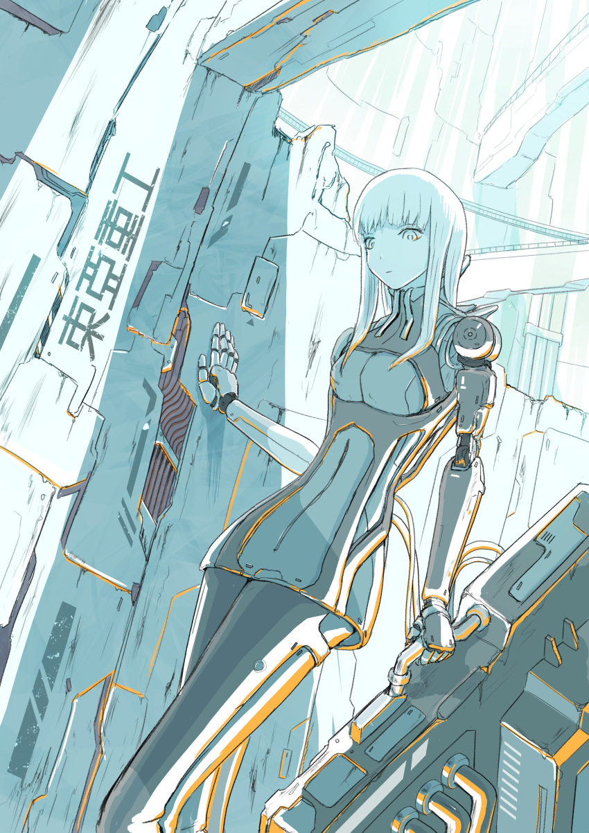 1girl absurdres bangs blame! blunt_bangs bodysuit breasts cibo closed_mouth cyborg deraken greyscale highres joints limited_palette long_hair looking_at_viewer mechanical_arms monochrome robot_joints solo toha_heavy_industries
