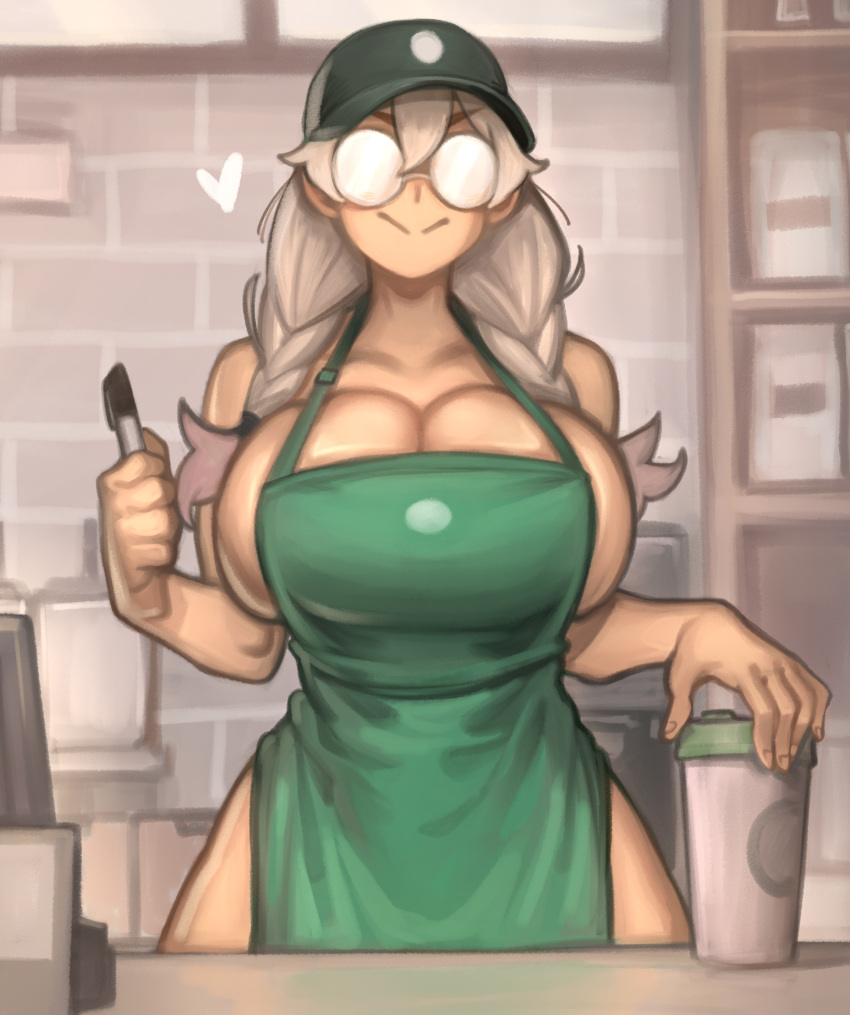 1girl :&gt; apron barista baseball_cap bespectacled braid breasts bursting_breasts cafe cleavage coffee_cup cup curvy disposable_cup facing_viewer glasses green_apron grey_hair hair_between_eyes hair_over_shoulder hat heart highres holding holding_marker holding_pen huge_breasts iced_latte_with_breast_milk_(meme) kelvin_hiu marker medium_hair meme naked_apron opaque_glasses original pen round_eyewear sideboob smile solo standing starbucks strap_gap twin_braids violet_(kelvin_hiu)