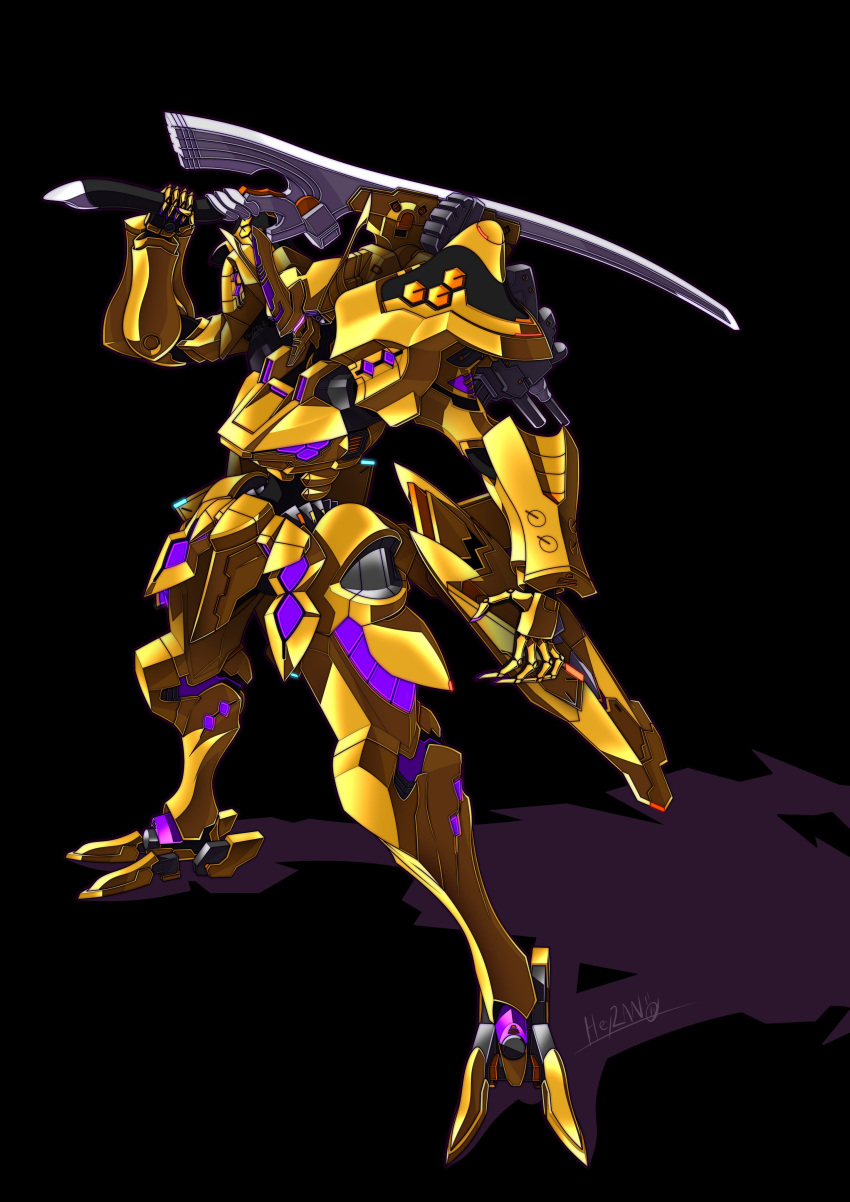 absurdres black_background glowing heyzan highres holding holding_sword holding_weapon mecha muvluv muvluv_alternative muvluv_total_eclipse no_humans open_hand science_fiction solo standing sword tactical_surface_fighter takemikazuchi_(muvluv) visor weapon