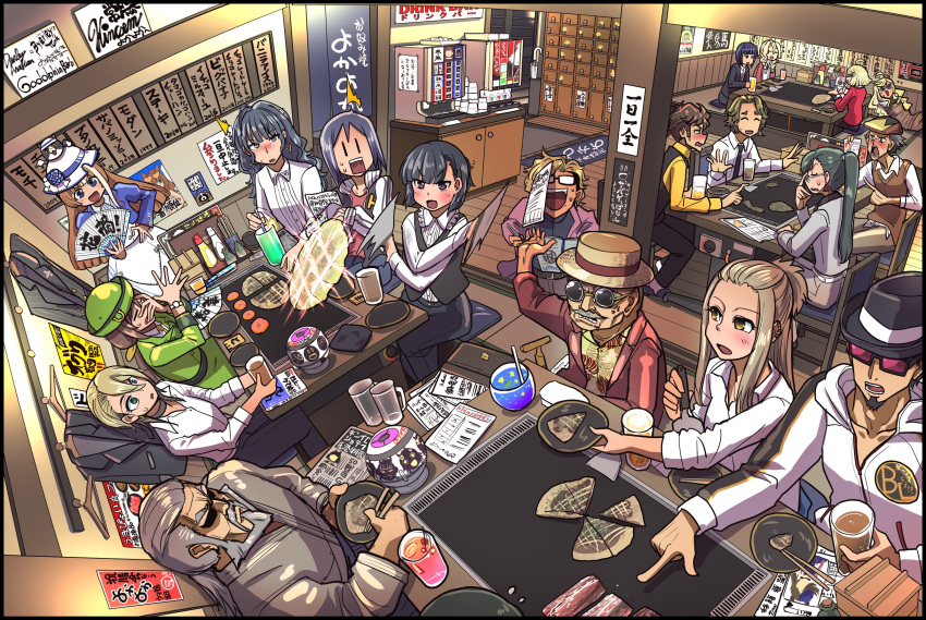 6+boys 6+girls akikawa_yayoi_(umamusume) anshinzawa_sasami back beard beauty_anshinzawa black_hair blonde_hair blush bowl braid breasts brown_hair business_suit casual cat character_doll character_request check_commentary chopsticks closed_eyes clothes_hanger commentary commentary_request cup drinking_glass ear_piercing facial_hair food formal frills fujii_sensuke glasses green_hair grey_hair hat hayakawa_tazuna highres jacket kashimoto_riko kiryuuin_aoi kitahara_jou komiyama_masami long_hair medium_hair multicolored_hair multiple_boys multiple_girls musaka_ginjirou mustache nase_fumino okonomiyaki open_mouth partially_translated piercing plate pointing ponytail poster_(object) sakazaki_freddy sensei_(umamusume) short_hair sitting skirt smile spatula suit sunglasses sweatdrop team_spica's_trainer teeth tongue toujou_hana trainer_(umamusume) trainer_kuronuma trainer_minamisaka translation_request two-tone_hair umamusume umamusume:_cinderella_gray yaeno_muteki's_trainer