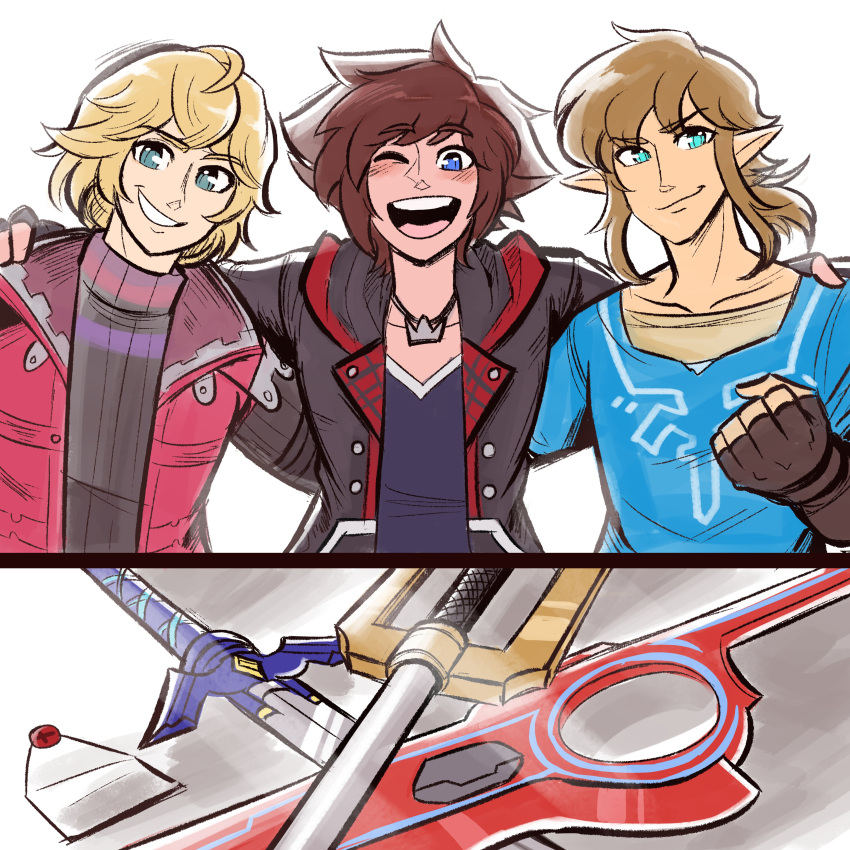 3boys absurdres armor blonde_hair blue_eyes brown_hair fingerless_gloves gloves highres hug jewelry keyblade kingdom_hearts kingdom_hearts_iii kingdom_key link long_hair looking_at_viewer male_focus master_sword monado multiple_boys necklace one_eye_closed open_mouth pointy_ears scruffyturtles short_hair shulk_(xenoblade) simple_background smash_invitation smile sora_(kingdom_hearts) spiked_hair super_smash_bros. sword the_legend_of_zelda the_legend_of_zelda:_breath_of_the_wild trait_connection weapon xenoblade_chronicles xenoblade_chronicles_(series)
