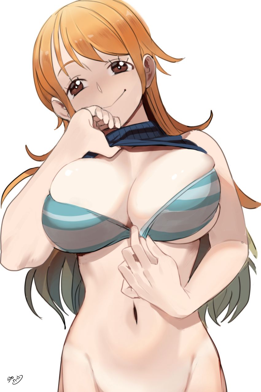 1girl bikini bikini_pull bikini_top black_sweater breasts brown_eyes cleavage cleavage_reach clothes_lift clothes_pull green_bikini highres large_breasts long_hair looking_at_viewer nami_(one_piece) navel one_piece orange_hair pulled_by_self ribbed_sweater sho-n-d sleeveless sleeveless_turtleneck smile solo striped striped_bikini sweater sweater_lift swimsuit turtleneck upper_body white_background