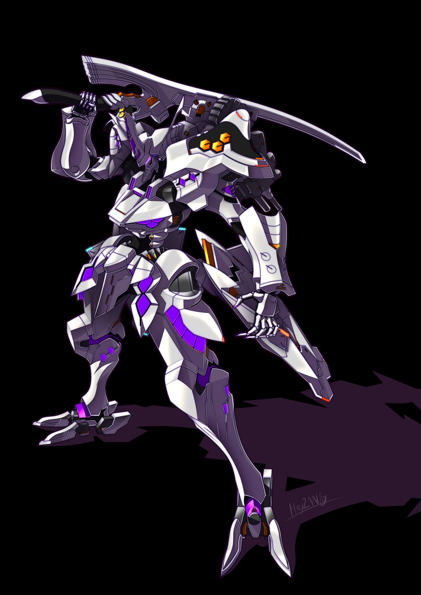 absurdres black_background glowing heyzan highres holding holding_sword holding_weapon mecha muvluv muvluv_alternative muvluv_alternative_(anime) no_humans open_hand science_fiction solo standing sword tactical_surface_fighter takemikazuchi_(muvluv) visor weapon