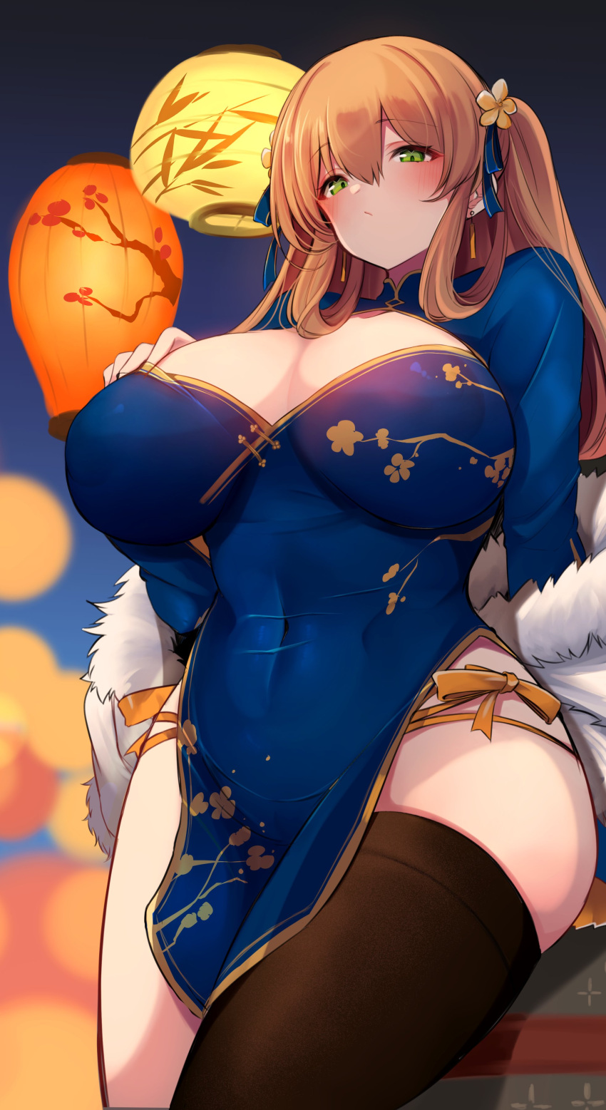 10eki_(tenchou) 1girl absurdres black_legwear blue_dress blush breasts brown_hair china_dress chinese_clothes cleavage cleavage_cutout closed_mouth clothing_cutout coat coat_removed covered_navel dress eyebrows_visible_through_hair festival flower fur_coat girls'_frontline green_eyes hair_between_eyes hair_flower hair_ornament hand_on_own_chest highres huge_breasts lantern long_hair looking_at_viewer night orange_hair panties side-tie_panties sidelocks single_thighhigh sitting skindentation solo springfield_(girls'_frontline) thighhighs two_side_up underwear