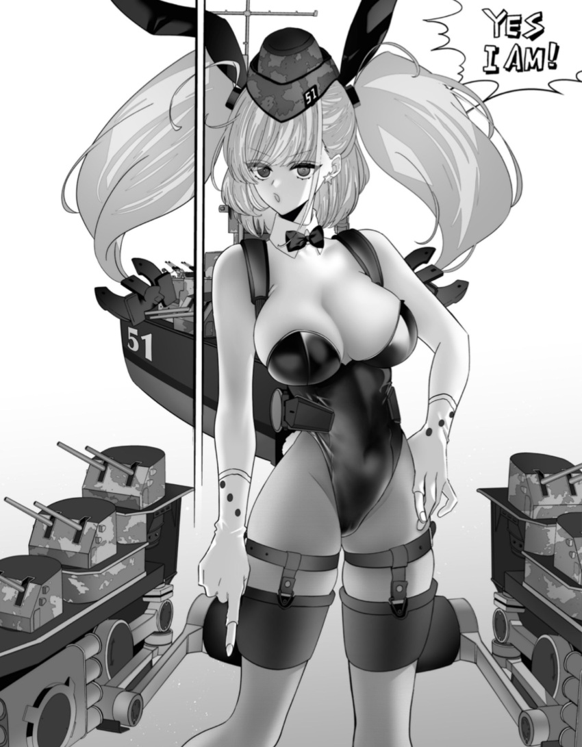 1girl :o alternate_costume anchor_hair_ornament animal_ears anno88888 atlanta_(kancolle) bangs breasts commentary_request covered_navel detached_collar earrings english_text fake_animal_ears garrison_cap gloves greyscale hair_ornament hand_on_hip hat headgear highres jewelry jojo_no_kimyou_na_bouken kantai_collection large_breasts leotard long_hair looking_at_viewer monochrome open_mouth pantyhose partially_fingerless_gloves playboy_bunny rabbit_ears rigging simple_background solo speech_bubble star_(symbol) star_earrings stardust_crusaders two_side_up yes_i_am!