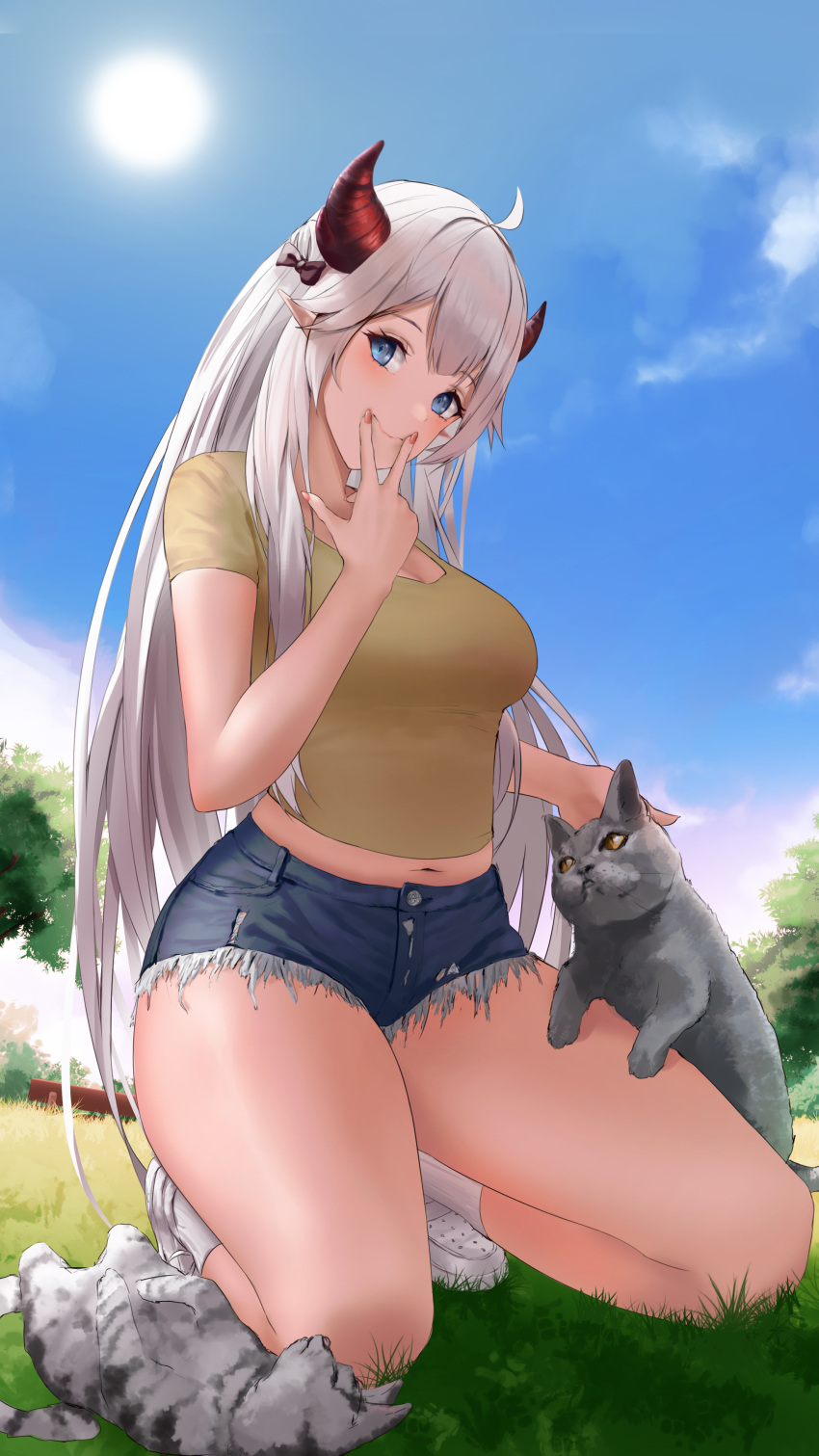 1girl absurdres ahoge alternate_costume black_bow black_cat blue_eyes blue_sky bow breasts cat closed_mouth commentary cutoffs day demon_girl demon_horns denim denim_shorts forced_smile full_body grass hair_bow highres horns kneeling long_hair looking_at_viewer medium_breasts midriff nail_polish navel outdoors pink_nails pointy_ears shoes short_shorts short_sleeves shorts sky socks solo straight_hair sun thighs tree vei_(vtuber) virtual_youtuber vshojo w wanne white_footwear white_hair white_legwear