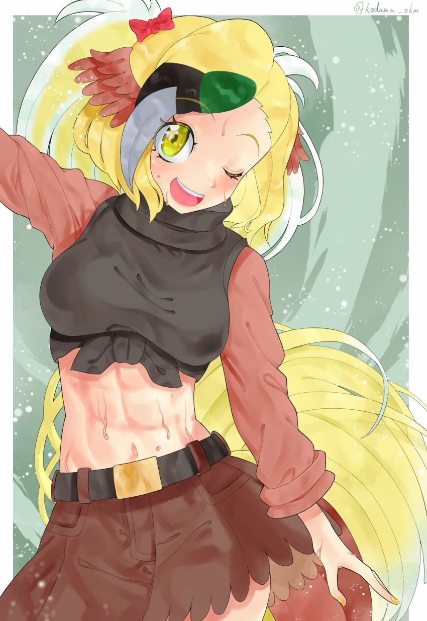 1girl ;d abs absurdres arm_up asymmetrical_hair belt bird_tail black_hair blonde_hair bow breasts dancing eyebrows_visible_through_hair eyelashes fingernails greater_bird-of-paradise_(kemono_friends) green_hair grey_hair hair_bow head_tilt highres kedama_(ughugjydthjdf) kemono_friends long_sleeves looking_at_viewer medium_hair microskirt midriff multicolored_hair nail_polish navel one_eye_closed open_mouth shirt skirt smile solo stomach sweat tail taut_clothes taut_shirt tied_shirt toned twitter_username white_hair yellow_eyes yellow_nails