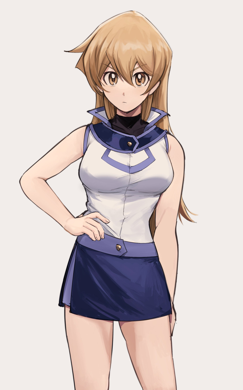 1girl absurdres arm_at_side bangs bare_arms bare_shoulders blonde_hair blue_skirt bojue_(hakus_1128) breasts brown_eyes brown_hair closed_mouth commentary_request cowboy_shot duel_academy_uniform_(yu-gi-oh!_gx) grey_background hair_between_eyes hand_on_hip highres large_breasts long_hair looking_at_viewer miniskirt shiny shiny_hair shirt shirt_tucked_in simple_background skirt solo tenjouin_asuka white_shirt yu-gi-oh! yu-gi-oh!_gx