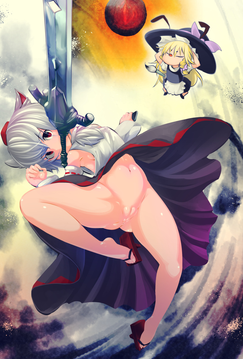 2girls absurdres animal_ears anus apron arms_up bad_id bad_pixiv_id bangs black_headwear black_skirt blonde_hair bow braid breasts closed_eyes commentary cookie_(touhou) dark_souls_(series) dark_souls_i detached_sleeves fingernails full_body geta hair_between_eyes hair_bow hat hat_bow highres holding holding_phone holding_sword holding_weapon inu_(cookie) inubashiri_momiji issun japanese_clothes kirisame_marisa long_hair long_sleeves looking_at_viewer marakasu_(chinkasu) mouth_hold multiple_girls navel no_panties ookami_(game) open_mouth paintbrush parody phone purple_bow pussy red_eyes ribbon-trimmed_sleeves ribbon_trim sharp_fingernails short_hair short_sleeves side_braid sideboob silver_hair single_braid skirt small_breasts stomach sword tokin_hat touhou uzuki_(cookie) waist_apron weapon white_apron white_sleeves witch_hat wolf_ears