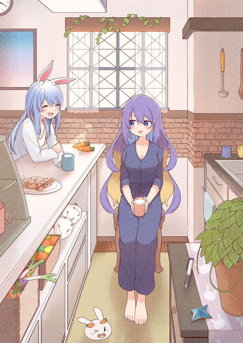 2girls alternate_costume analog_clock animal_ears apple barefoot bell_pepper blonde_hair blue_hair carrot casual checkerboard_cookie chocolate_chip_cookie clock closed_eyes commentary_request cookie cup curtains earrings food fruit highres holding holding_cup hololive hololive_indonesia jewelry ladle lemon lime_(fruit) long_hair long_sleeves moona_hoshinova mug multicolored_hair multiple_girls nousagi_(usada_pekora) orange_(fruit) painting_(object) pajamas pen pepper plant planter purple_eyes purple_hair purple_pajamas rabbit_ears rabbit_girl shirt sidelocks spatula spring_onion star_(symbol) steam towel two-tone_hair usada_pekora very_long_hair vines virtual_youtuber wafer_stick white_shirt window yurai0739
