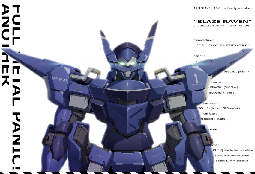 aqua_eyes arm_slave_(mecha) as-1_blaze_raven character_name full_metal_panic! full_metal_panic!_another glowing glowing_eyes looking_at_viewer mecha no_humans science_fiction shigarami_kyouma solo upper_body