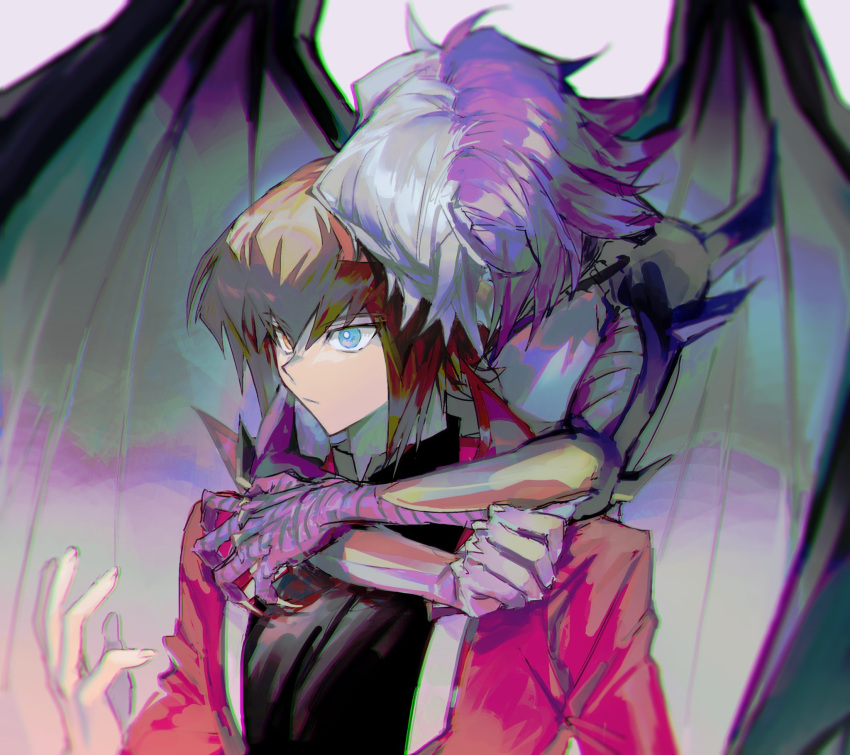 1boy 1other bangs black_shirt blurry brown_hair closed_mouth depth_of_field duel_academy_uniform_(yu-gi-oh!_gx) duel_monster eyebrows_visible_through_hair grey_background hair_between_eyes heterochromia highres hug hug_from_behind jacket long_sleeves multicolored_hair noren_(noren1512) open_clothes open_jacket red_jacket shirt short_hair simple_background two-tone_hair wings yu-gi-oh! yu-gi-oh!_gx yubel yuuki_juudai