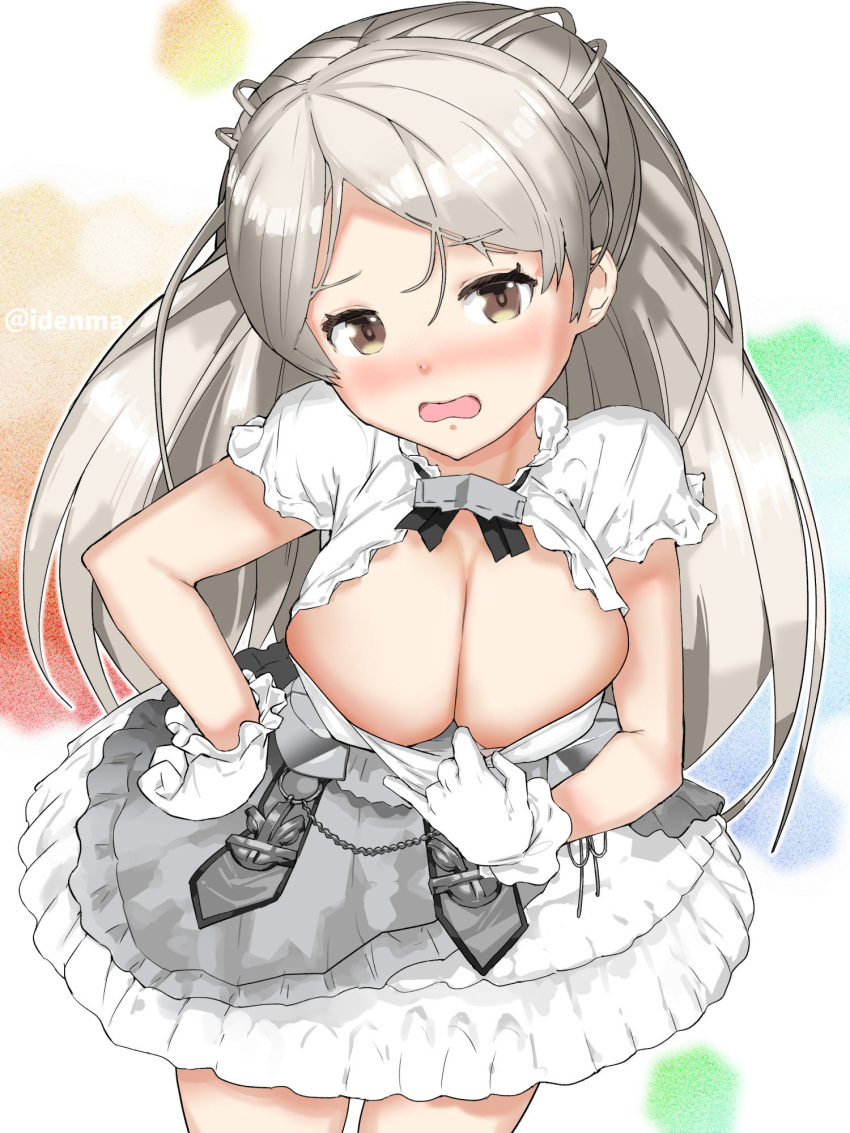 1girl bangs blush breasts brown_eyes cleavage conte_di_cavour_(kancolle) dress eyebrows_visible_through_hair frilled_dress frills gloves grey_hair hand_on_hip highres igarasy kantai_collection large_breasts long_hair looking_at_viewer nose_blush open_mouth short_sleeves simple_background solo twitter_username white_gloves