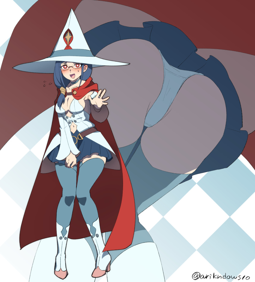 1girl adapted_costume arikindows10 armpits ass blue_hair blue_legwear boots breasts cape cleavage detached_sleeves dress flying_sweatdrops from_below full_body glasses hat high_heel_boots high_heels highres large_breasts little_witch_academia long_hair looking_at_viewer miniskirt multiple_views navel panties pleated_skirt red_cape shiny_chariot skirt skirt_hold spoilers standing sweatdrop thighhighs twitter_username underwear ursula_charistes white_dress white_footwear witch_hat zettai_ryouiki