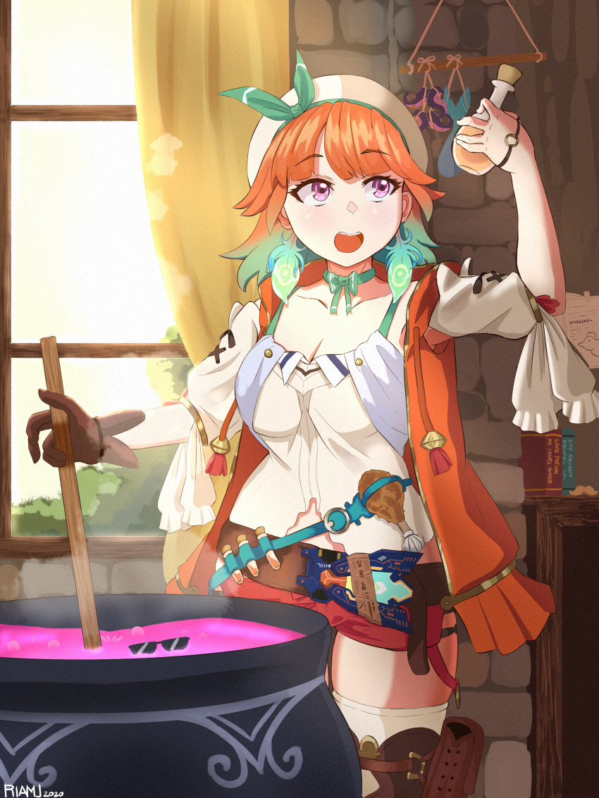 1girl absurdres atelier_(series) atelier_ryza belt cauldron cosplay gloves hat highres holding hololive hololive_english jewelry necklace open_mouth potion red_shorts reisalin_stout reisalin_stout_(cosplay) riamu_(liam_razo) short_hair short_shorts shorts solo takanashi_kiara thighhighs vial virtual_youtuber window