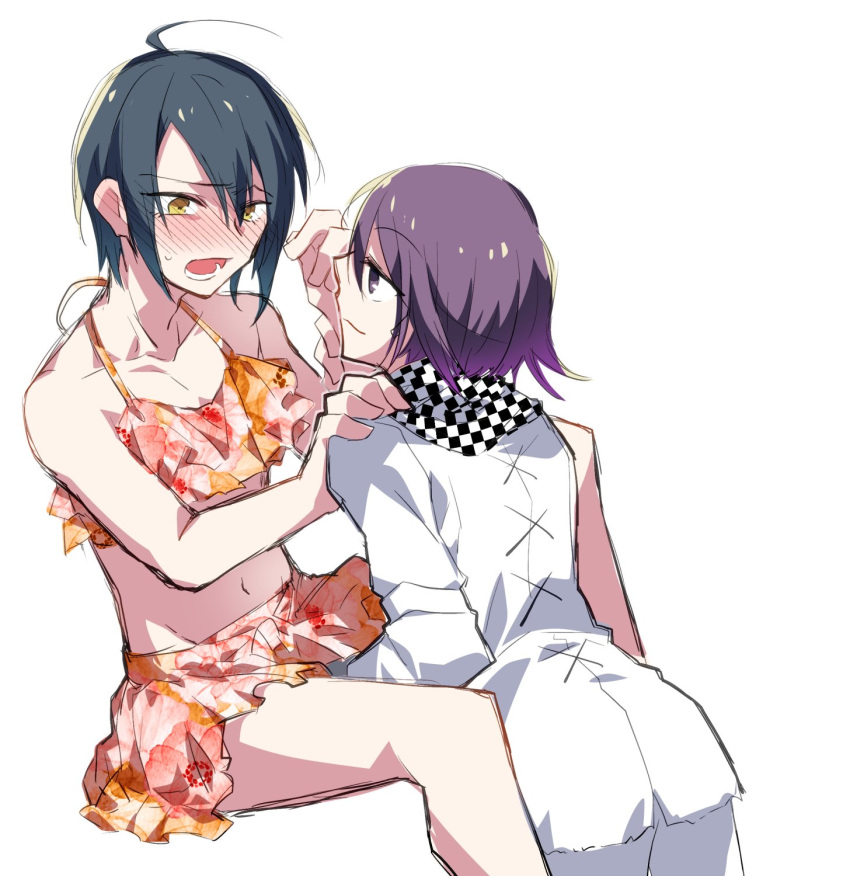 2boys ahoge bangs bare_arms bare_shoulders bikini black_scarf blush brown_eyes checkered checkered_neckwear checkered_scarf collarbone commentary_request crossdressing danganronpa_(series) danganronpa_v3:_killing_harmony eye_contact eyebrows_visible_through_hair feet_out_of_frame highres jacket looking_at_another lower_teeth male_focus multicolored_bikini multicolored_clothes multiple_boys navel open_mouth orange_bikini ouma_kokichi pants pink_eyes pink_hair profile purple_hair red_bikini saihara_shuuichi scarf short_hair simple_background smile stomach sumika_(rrz03) sweatdrop swimsuit teeth white_background white_jacket white_pants white_scarf yellow_eyes