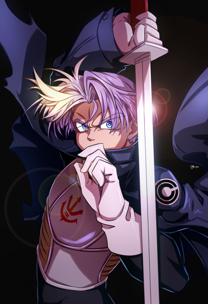 1boy alternate_universe blue_eyes capsule_corp dragon_ball gloves highres holding holding_sword holding_weapon jacket looking_at_viewer male_focus purple_hair saiyan_armor sm318 solo sword trunks_(dragon_ball) weapon white_gloves
