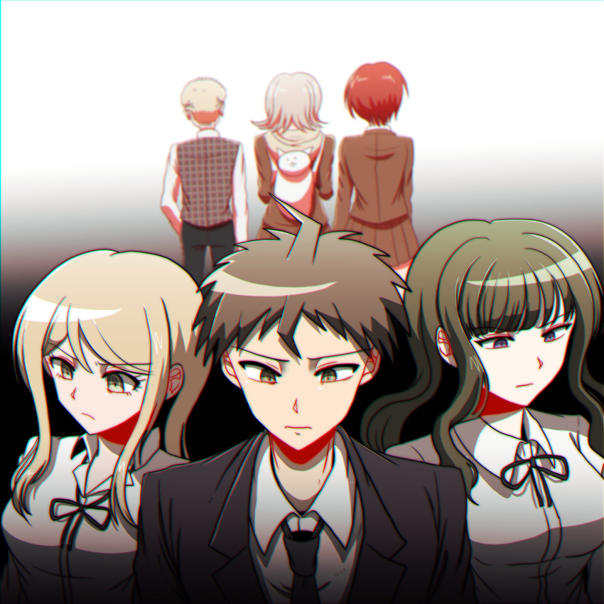 2boys 4girls absurdres animal_bag ass backpack bag bangs black_background black_jacket black_pants black_ribbon blonde_hair breasts brown_hair brown_jacket brown_skirt cat_bag collared_shirt danganronpa_(series) danganronpa_3_(anime) facing_away flipped_hair from_behind gradient gradient_background grey_background grey_shirt highres hinata_hajime hood hood_down jacket koizumi_mahiru kuzuryuu_fuyuhiko kuzuryuu_natsumi large_breasts long_hair long_sleeves medium_breasts multiple_boys multiple_girls nanami_chiaki neck_ribbon official_alternate_costume pants plaid plaid_vest pleated_skirt ribbon satou_(danganronpa) shiny shiny_hair shirt short_hair skirt standing tansug_(tansuk88) upper_body vest