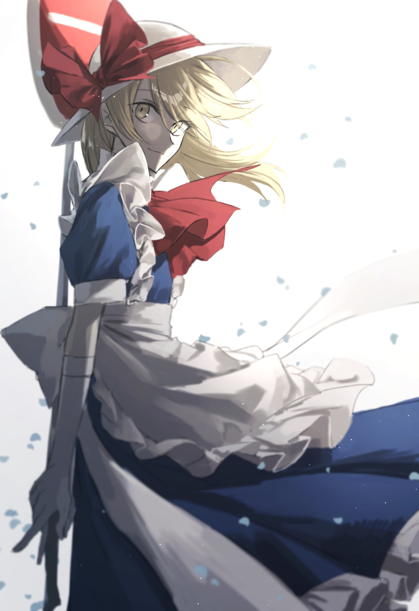 1girl apron ascot blonde_hair blue_dress bow dress elbow_gloves eyebrows_visible_through_hair frilled_dress frills gloves hat hat_bow highres kana_anaberal looking_at_viewer medium_hair otoshiro_kosame puffy_short_sleeves puffy_sleeves red_ascot red_bow road_sign short_sleeves sign smile touhou touhou_(pc-98) white_headwear yellow_eyes